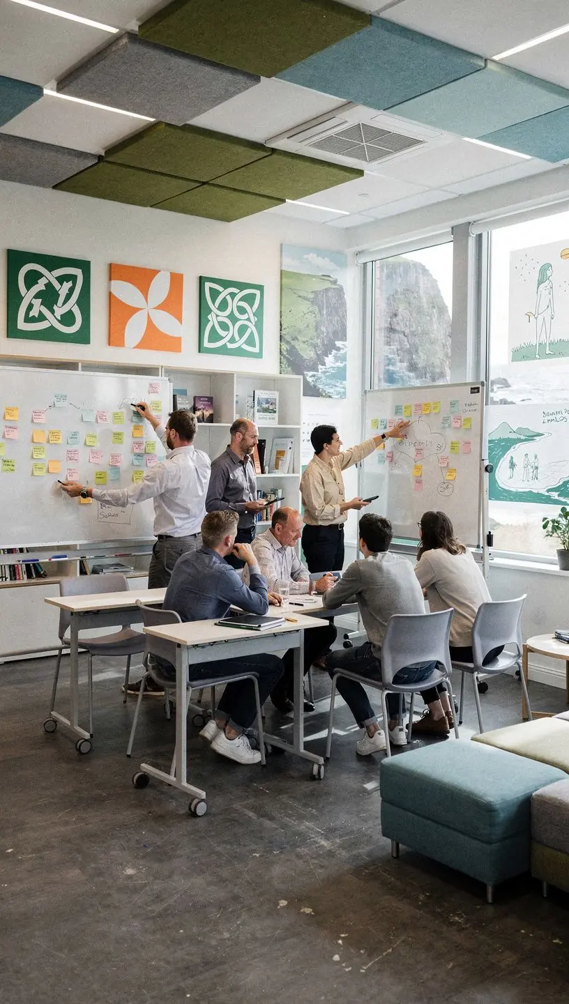 A modern office space featuring collaborative workstations designed for team productivity.